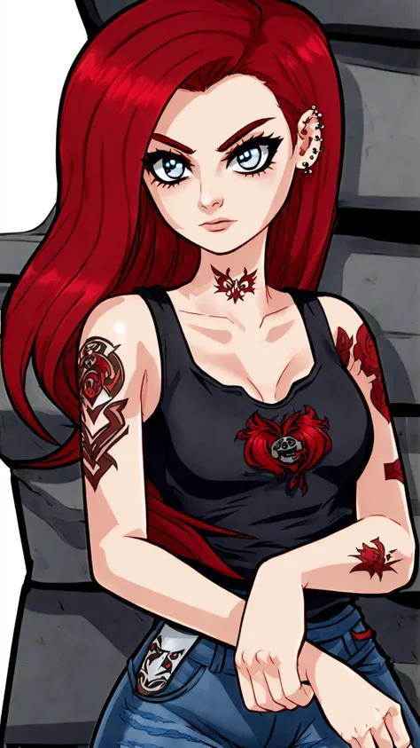 <lora:SummerTimeSaga-SugarTatsSisters_Shurik:0.8> SS Grace, 1girl, Grace Rogers, red hair, long hair, black tanktop, denim jeans, tattoo, (piercing:1.15), medium breasts, (sidecut:1.25)