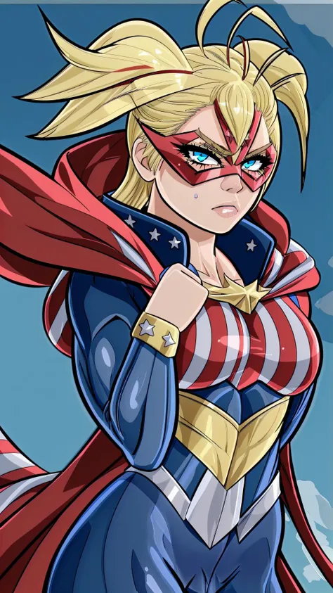 <lora:mha_starandstripe:0.8> starandstripe, 1girl, blonde hair, muscular, antenna hair, domino mask, american flag print, striped bodysuit, red cape