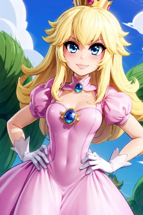 (masterpiece, best quality), 1girl,    <lora:princesspeach-lora-nochekaiser:1>, princess peach, blonde hair, blue eyes, smile, long hair, crown, dress, gem, gloves, pink dress, puffy short sleeves, puffy sleeves, short sleeves, white gloves,