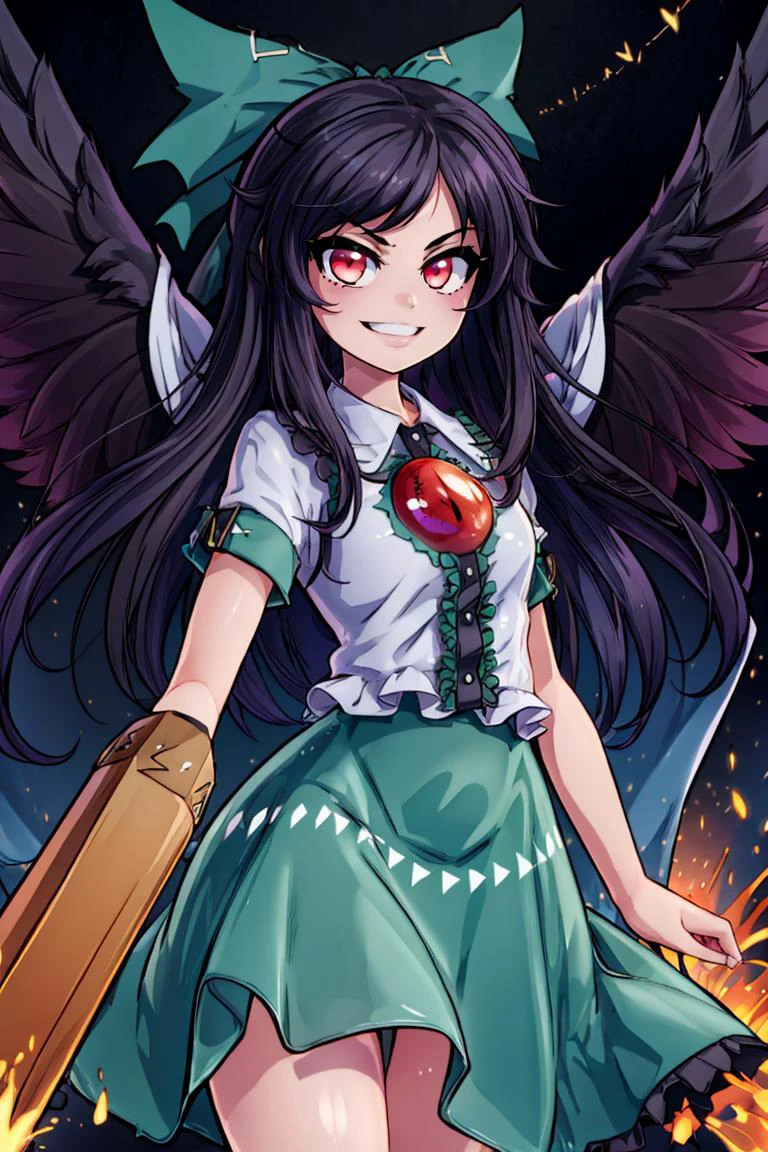 ((masterpiece,best quality)), absurdres, <lora:Reiuji_Utsuho_Touhou:0.8>, Reiuji_Utsuho_Touhou, 1girl, reiuji utsuho, arm cannon, solo, bow, long hair, third eye, hair bow, green bow, red eyes, shirt, black wings, looking at viewer, skirt, short sleeves, cape, bird wings, green skirt, solo, smiling, looking at viewer, cowboy shot,