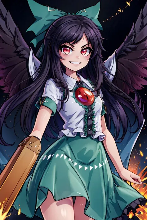 ((masterpiece,best quality)), absurdres, <lora:Reiuji_Utsuho_Touhou:0.8>, Reiuji_Utsuho_Touhou,  1girl, reiuji utsuho, arm cannon, solo, bow, long hair, third eye, hair bow, green bow,  red eyes, shirt, black wings, looking at viewer, skirt, short sleeves, cape, bird wings, green skirt, solo, smiling, looking at viewer, cowboy shot,