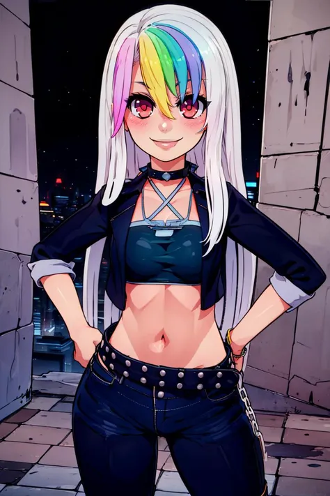 0((masterpiece,best quality)), absurdres, <lora:Roxy_Citron_OC_AnyLora:0.8>, Roxy_Citron_OC, 1girl, solo, red eyes, white hair, rainbow hair, long hair, streaked hair, hair between eyes, smile, open jacket, black jacket, cropped jacket, shirt, belt, criss-cross halter, shirt, choker, pants,  jewelry,