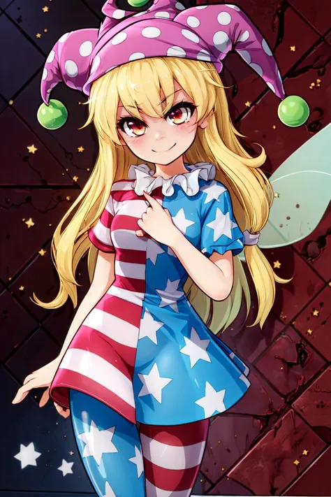 ((masterpiece,best quality)), absurdres, <lora:Clownpiece_Touhou:0.8>, Clownpiece_Touhou,  1girl, blonde hair, clownpiece, long hair, solo, hat, striped, jester cap, polka dot, american flag legwear, american flag dress, star print, pantyhose, fairy wings, wings,  solo, smiling, looking at viewer, cowboy shot,