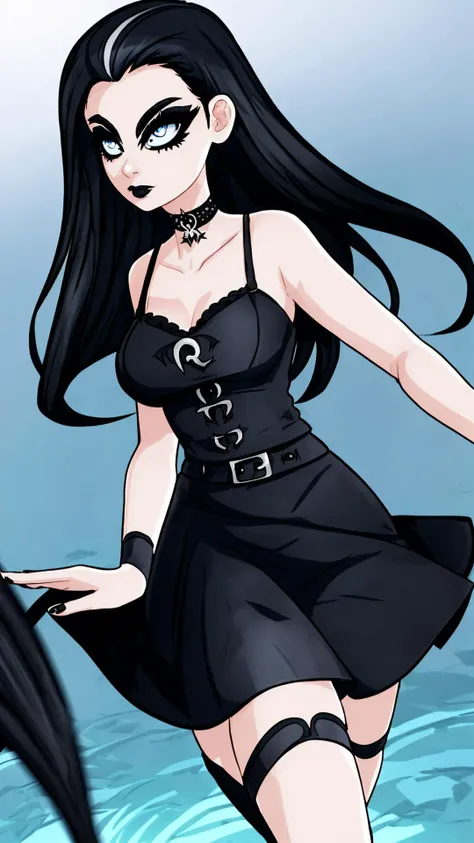 <lora:SummerTimeSaga-SugarTatsSisters_Shurik:0.8> SS_Odette, blackhair, skirt, tube_top, 1girl, huge breasts, gothic, black lips, eyeliner, choker, white hair strand,