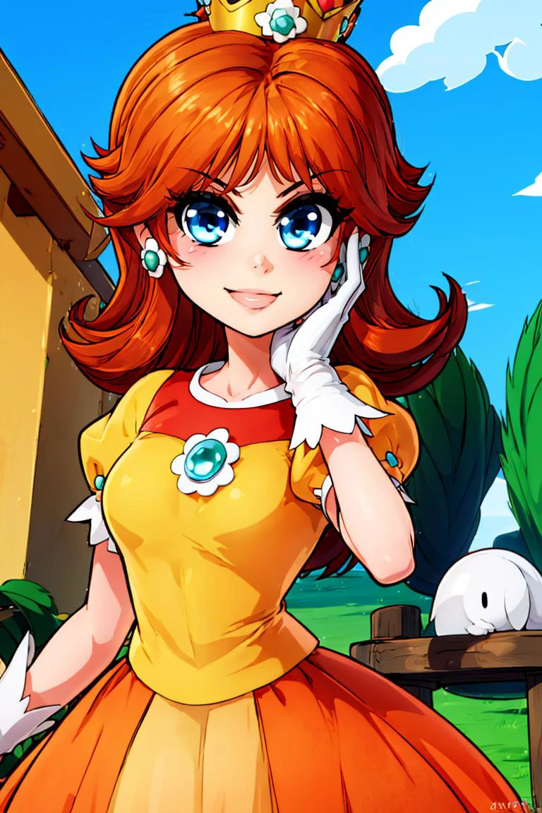 (masterpiece, best quality), 1girl, <lora:princessdaisy-lora-nochekaiser:1> princess daisy, blue eyes, long hair, orange hair, crown, daisy, dress, flower, gem, gloves, orange dress, puffy short sleeves, puffy sleeves, short sleeves, white gloves,smiling,
