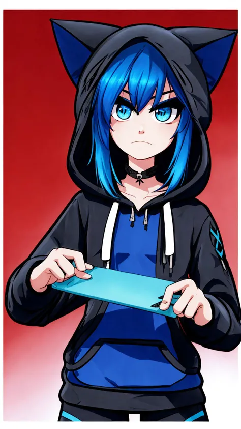 <lora:SummerTimeSaga-SugarTatsSisters_Shurik:0.8> SS_Eve, bluehair, black hoodie, hood, , cat ears,