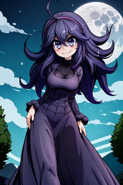 0((masterpiece,best quality)), aahex, hex maniac \(pokemon\), smile, long hair, ahoge, purple hairband, purple eyes, @_@, large breasts, long dress, black dress, long sleeves, <lora:hex_maniac_v1:0.7>, arms behind back, outdoors, full moon,