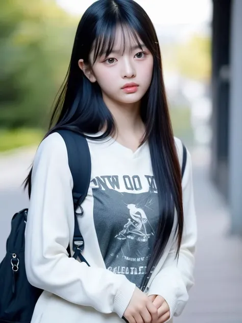 (RAW photo, best quality, realistic,photo-realistic:1.4),extremely detailed,8k wallpaper,Amazing,ultra-detailed,highres, full body, 1girl, long hair, shirt, black hair, light black eyes, lips, parted bangs, backpack, Long sleeve,white dress
, kooo123, <lora:hanni_004:0.8>