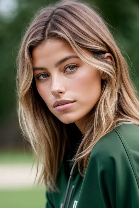 photo of beautiful (aw1ttenberg:0.99), a woman in a (soccer field:1.1), perfect hair, wearing (sweatshirt:1.1), modelshoot style, (extremely detailed CG unity 8k wallpaper), professional majestic (art by Louis Janmot:1.1), oil painting, trending on ArtStation, trending on CGSociety, Intricate, High Detail, Sharp focus, dramatic, photorealistic painting art, (looking at viewer), (detailed pupils), (closeup portrait)