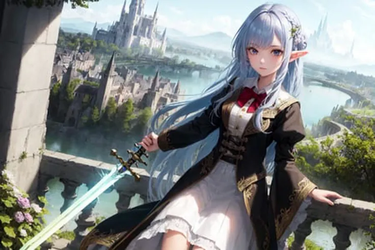 1girl, long_hair, bright_hair_color, wide_eyes, determined_expression, high_school_uniform, flowing_skirt, embroidered_bodice, delicate_lace, magic_symbols, magical_sword, glowing_sword, magical_items, potions, scrolls, wands, 1girl, fantasy, isekai, high_school_student, female, masterpiece, sidelight, sword, fantasy_creature, magic, fantasy_world, medieval, forest, mountains, river, village, fantasy_architecture, magic_circle, elven_ruins,