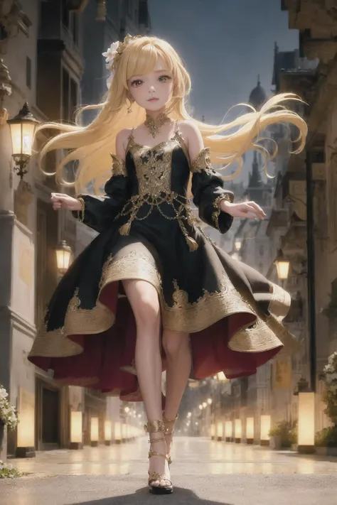 cute princess running on the street, cityscape, full body, outdoor lighting, Gorgeous Medium haircuts and Shoulder-Length hairstyles, yellow_hair_color, mysterious_expression, mature_appearance, glamorous_outfit, flowing_dress, elegant_jewelry, intricate_embellishments, magic_symbols, glowing_accessories, cute_accents, bows, ribbons, flowers, fantasy_environment, grand_castle, chandeliers, luxurious_furnishings, magical_gardens, enchanted_creatures, moonlit_nights, hidden_passages, ancient_artifacts, spellbinding_portals --disable-nan-check