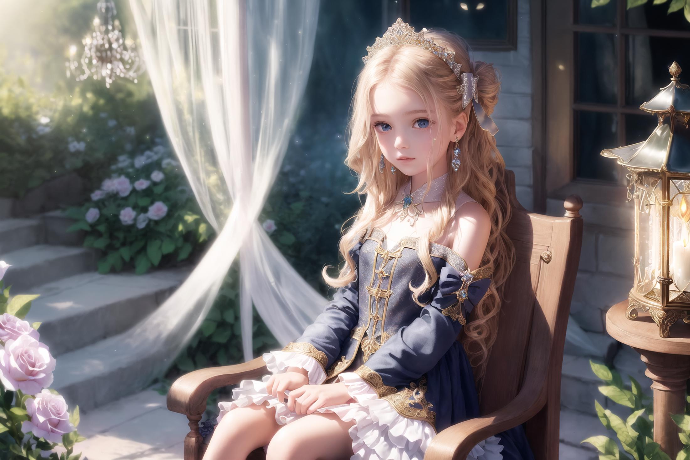 There is a girl sitting on a chair in a garden - SeaArt AI