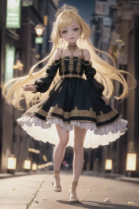 cute princess running on the street, cityscape, full body, outdoor lighting, Gorgeous Medium haircuts and Shoulder-Length hairstyles, yellow_hair_color, mysterious_expression, mature_appearance, glamorous_outfit, flowing_dress, elegant_jewelry, intricate_embellishments, magic_symbols, glowing_accessories, cute_accents, bows, ribbons, flowers, fantasy_environment, grand_castle, chandeliers, luxurious_furnishings, magical_gardens, enchanted_creatures, moonlit_nights, hidden_passages, ancient_artifacts, spellbinding_portals --disable-nan-check