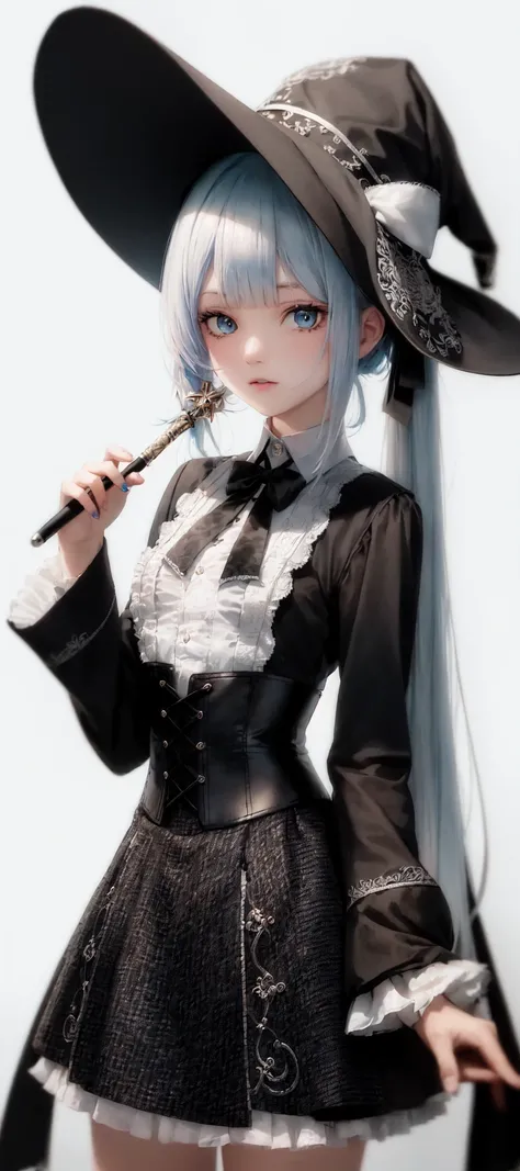 [1girl|solo], (masterpiece:1.1), (best quality:1.1), (intricate detailed Rocker [[White Ombr shirt:Black Appliqud with patches and motifs morning dress:0.85]:[Black Collared revealing clothes:Earth tones hip vent little black dress:0.15]:0.7]:1.25), (Tweed [[Coral Woolen A-line skirt:Turquoise Sleeveless tutu:0.05]:[Green Sheer thong:Orange Linen blouson:0.1]:0.1]:1.15), [nipples|nipples], [(NSFW:1.0):(NSFW:0.95):0.15],[medium:[large|medium]:0.35] breasts, corset, BREAK [black:pink:0.65] theme, (gradient background:1.1), portrait, BREAK [blond:sky blue :0.05] hair, blunt bangs,hime cut,long hair, side-ponytails, [blue:purple:0.85] eyes, intricate detailed black witch hat, holding wand,