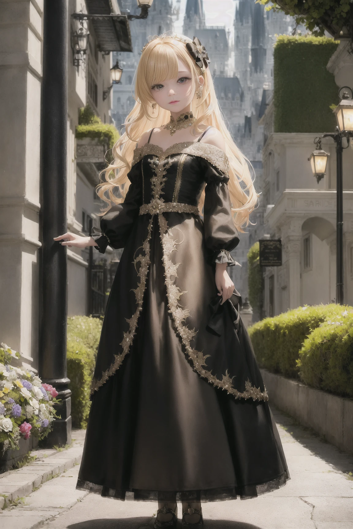 cute princess standing on the street, cityscape, full body, outdoor lighting, Gorgeous Medium haircuts and Shoulder-Length hairstyles, yellow_hair_color, mysterious_expression, mature_appearance, glamorous_outfit, flowing_dress, elegant_jewelry, intricate_embellishments, magic_symbols, glowing_accessories, cute_accents, bows, ribbons, flowers, fantasy_environment, grand_castle, chandeliers, luxurious_furnishings, magical_gardens, enchanted_creatures, moonlit_nights, hidden_passages, ancient_artifacts, spellbinding_portals --disable-nan-check
