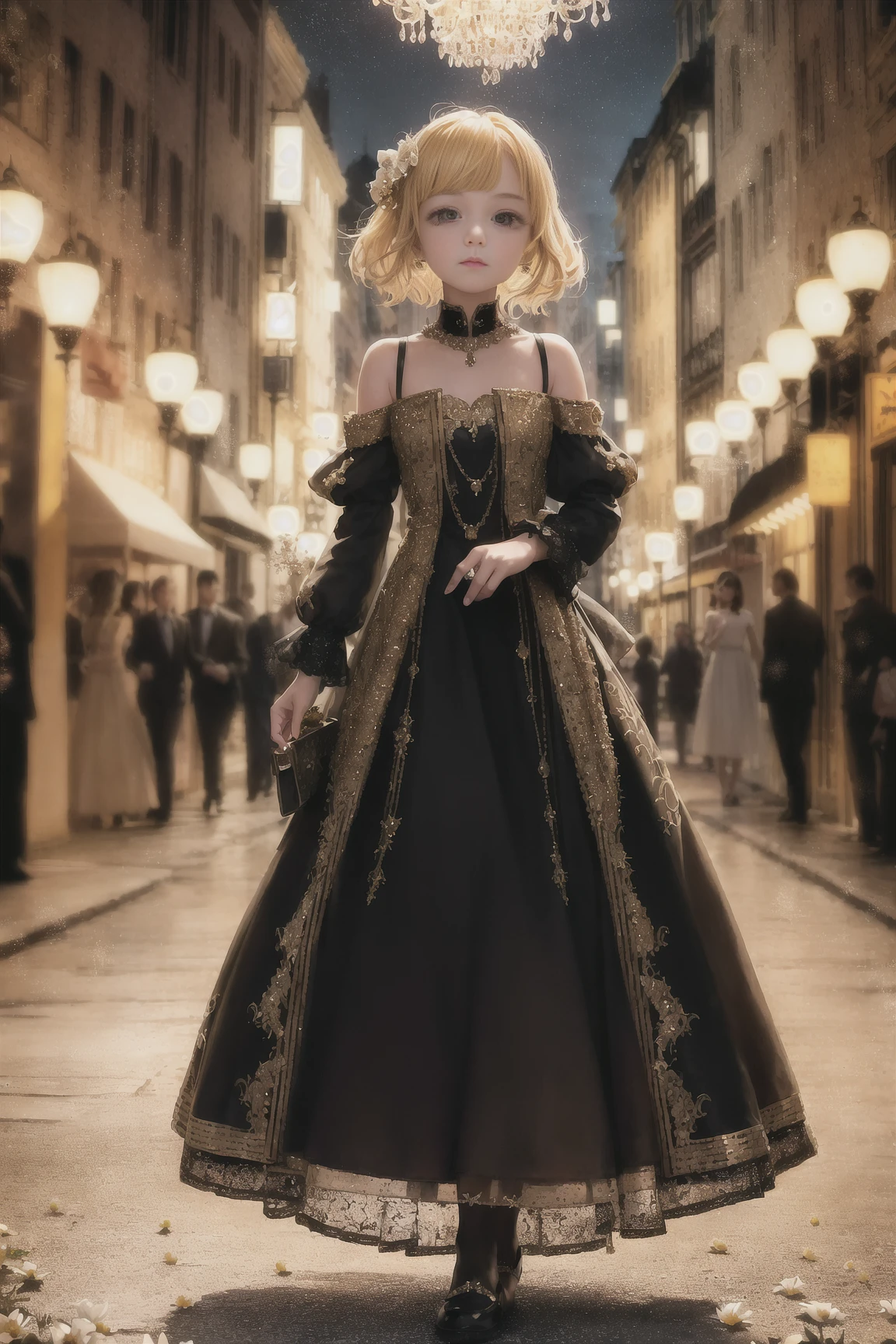 cute princess standing on the street, cityscape, full body, outdoor lighting, Gorgeous Medium haircuts and Shoulder-Length hairstyles, yellow_hair_color, mysterious_expression, mature_appearance, glamorous_outfit, flowing_dress, elegant_jewelry, intricate_embellishments, magic_symbols, glowing_accessories, cute_accents, bows, ribbons, flowers, fantasy_environment, grand_castle, chandeliers, luxurious_furnishings, magical_gardens, enchanted_creatures, moonlit_nights, hidden_passages, ancient_artifacts, spellbinding_portals --disable-nan-check