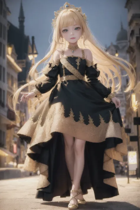 10 years old cute princess standing on the street, cityscape, full body, outdoor lighting, Gorgeous Medium haircuts and Shoulder-Length hairstyles, yellow_hair_color, mysterious_expression, mature_appearance, glamorous_outfit, flowing_dress, elegant_jewelry, intricate_embellishments, magic_symbols, glowing_accessories, cute_accents, bows, ribbons, flowers, fantasy_environment, grand_castle, chandeliers, luxurious_furnishings, magical_gardens, enchanted_creatures, moonlit_nights, hidden_passages, ancient_artifacts, spellbinding_portals --disable-nan-check