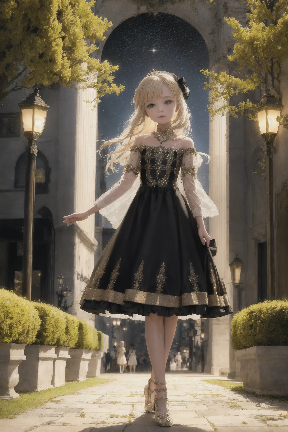 cute princess standing on the street, cityscape, full body, outdoor lighting, Gorgeous Medium haircuts and Shoulder-Length hairstyles, yellow_hair_color, mysterious_expression, mature_appearance, glamorous_outfit, flowing_dress, elegant_jewelry, intricate_embellishments, magic_symbols, glowing_accessories, cute_accents, bows, ribbons, flowers, fantasy_environment, grand_castle, chandeliers, luxurious_furnishings, magical_gardens, enchanted_creatures, moonlit_nights, hidden_passages, ancient_artifacts, spellbinding_portals --disable-nan-check
