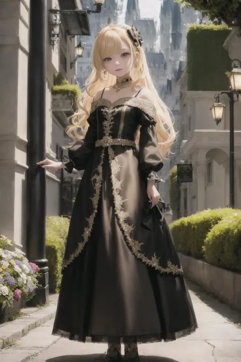 cute princess standing on the street, cityscape, full body, outdoor lighting, Gorgeous Medium haircuts and Shoulder-Length hairstyles, yellow_hair_color, mysterious_expression, mature_appearance, glamorous_outfit, flowing_dress, elegant_jewelry, intricate_embellishments, magic_symbols, glowing_accessories, cute_accents, bows, ribbons, flowers, fantasy_environment, grand_castle, chandeliers, luxurious_furnishings, magical_gardens, enchanted_creatures, moonlit_nights, hidden_passages, ancient_artifacts, spellbinding_portals --disable-nan-check