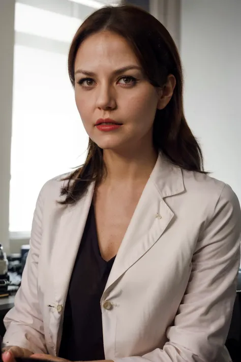 <lora:JenniferMorrison-RealVision-V1.0:1.2>,wearing a doctor's white lab coat over a office blouse,portrait of jmn,brunette hair,<lora:add_detail:0.1>,sharp focus,natural lighting,professional doctor in a hospital,serious tone,eyeliner,lipstick,makeup,