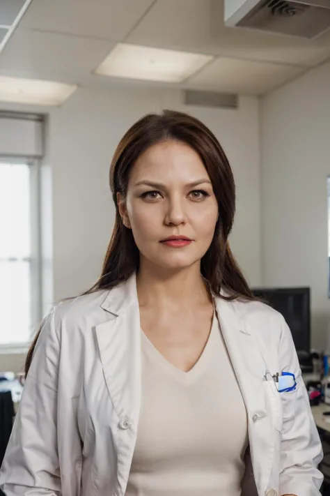 <lora:JenniferMorrison-RealVision-V1.0:1.2>,wearing a doctor's white lab coat over a office blouse,portrait of jmn,brunette hair,<lora:add_detail:0.1>,sharp focus,natural lighting,professional doctor in a hospital,serious tone,eyeliner,lipstick,makeup,
