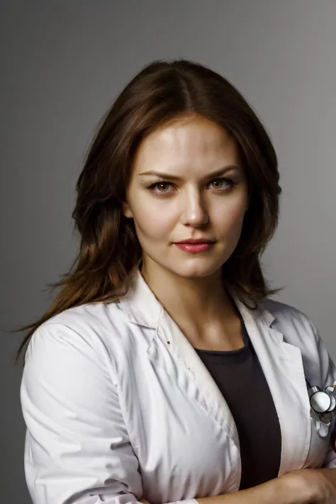 <lora:JenniferMorrison-RealVision-V1.0:1.2>,wearing a doctor's white lab coat,portrait of jmn,brunette hair,<lora:add_detail:0.1>,sharp focus,natural lighting,professional doctor in a hospital,serious tone,eyeliner,lipstick,makeup,crossed arms