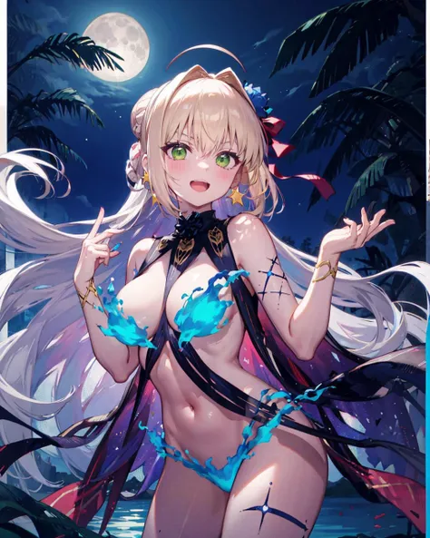 outfit-km, blue fire, 1girl, breasts, nero claudius \(fate\), blonde hair, hair ribbon, bangs, blush, ahoge, star earrings, ribbon, jewelry, green eyes, looking at viewer, earrings, open mouth, flower, large breasts, smile, hair ornament, thighs, long hair, hair flower, solo, hair bun, hair intakes, braid, single hair bun, heart, french braid, hair between eyes,  <lora:OutfitKamaSwimsuitBlueFire:0.9>, outdoors,oasis, lake,night, moon,