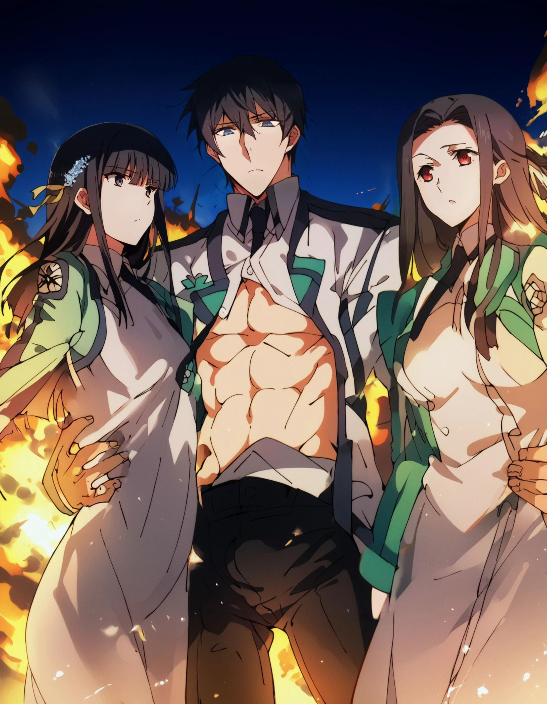 score_9, score_8_up, score_7_up, source_anime,
man holding two woman in his arms,
1boy, 2girls, multiple girls, standing, grabbing another's waist, male focus, size difference,
"tatsuya shiba", "MIYUKI SHIBA", "MAYUMI SAEGUSA",
cowboy shot, close-up, hand,
glowing eyes, walking,
nuclear explosion,
sky, night, cityscape,
outdoors,
perspective, foreshortening, symmetry, from below,
<lora:tatsuya-shiba-s2-ponyxl-lora-nochekaiser:0.8>
<lora:mayumi-saegusa-s2-ponyxl-lora-nochekaiser:0.8> <lora:miyuki-shiba-s2-ponyxl-lora-nochekaiser:0.8>