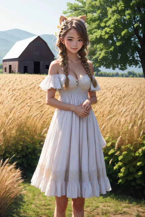 young 1girl with braided hair and fluffy cat ears, dressed in Off-Shoulder Sundress, standing in a rustic farm setting. She has a soft, gentle smile, expressive eyes and sexy cleavage. The background features a charming barn, fields of golden wheat, and a clear blue sky. The composition should be bathed in the warm, golden hour light, with a gentle depth of field and soft bokeh to accentuate the pastoral serenity.Capture the image as if it were taken on an old-school 35mm film for added charm, looking at viewer <lora:anime_v4:1>