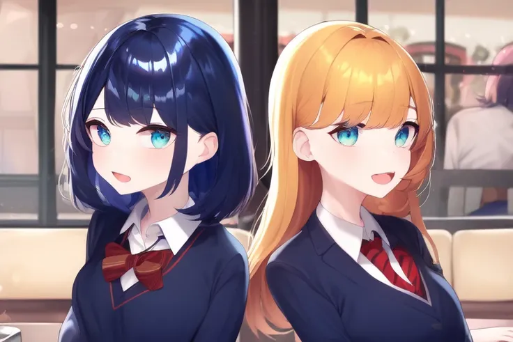 anime, 2girls wearing school uniform are at restaurant