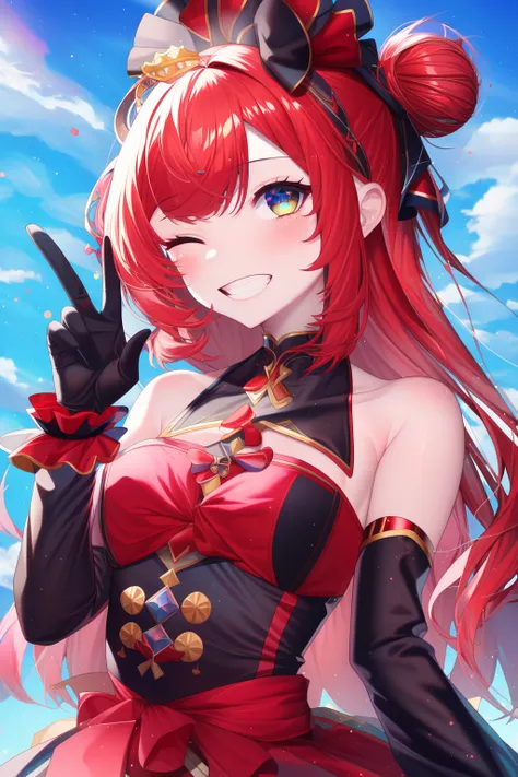 anime, 1girl, flat chest, red hair, red hair ornament, parted bangs, bun, hair intakes, fascinator, hand up, v, one eye closed, grin, red clothes, frilled dress, bow, detached sleeves, gloves, looking at viewer, dynamic, cowboy shot, wind, sky