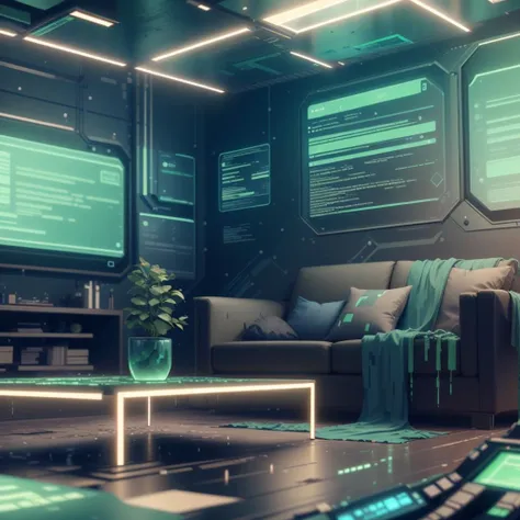 <lora:HackedTech-20:0.9>, hackedtech , scifi,  cyberpunk ,  data stream , pixelated,    
living room