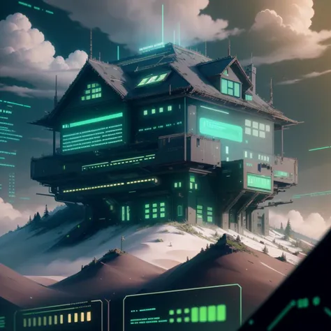 <lora:HackedTech-20:0.9>, hackedtech , scifi,  cyberpunk ,  data stream , pixelated,    
 house on a hill, cloudy  sky