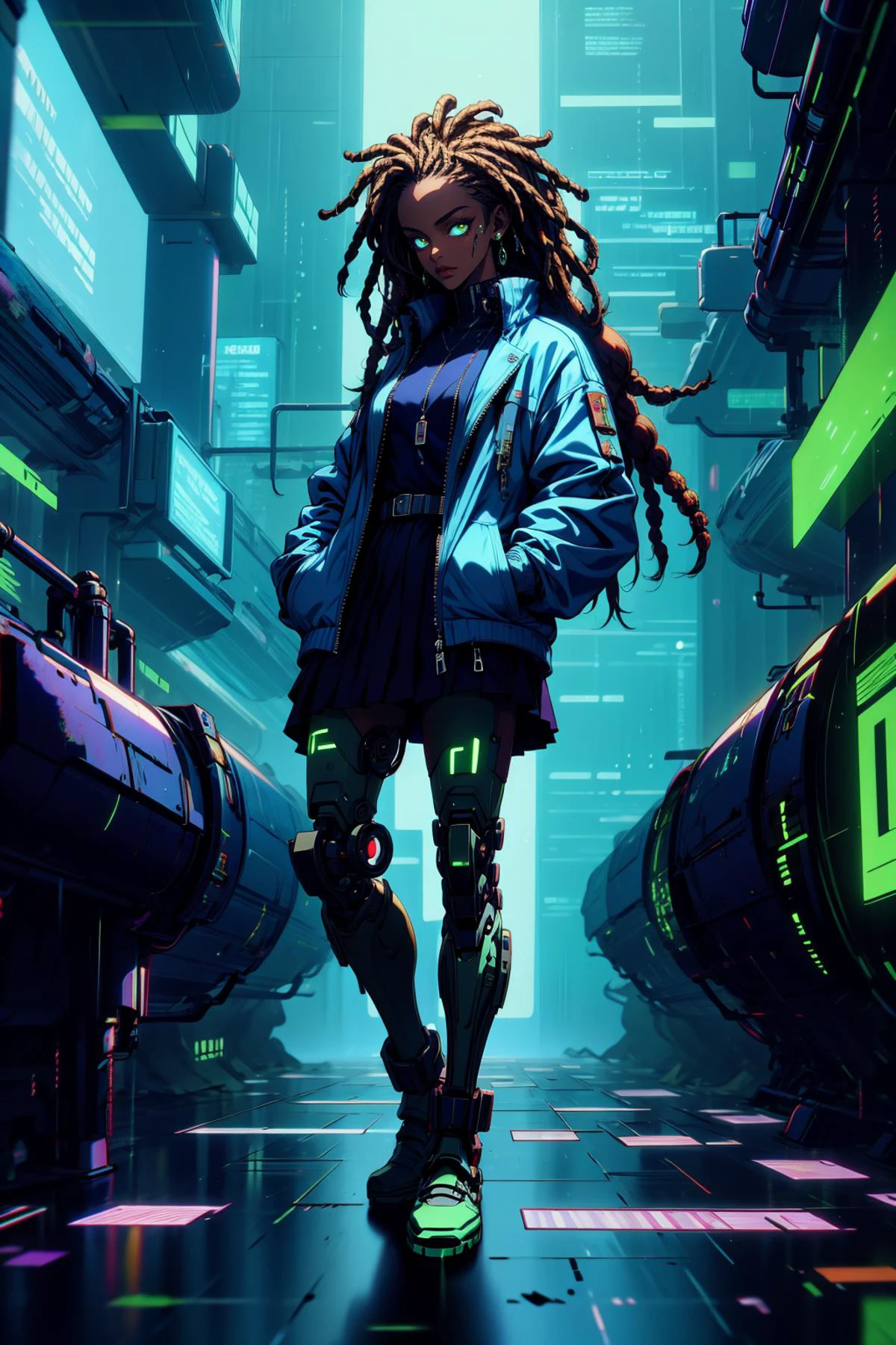(masterpiece:1.4), (intricate:1.2), (detailed:1.2), (vibrant colors:1.2), BREAK,
(cyberpunk:1.2), (scifi:1.0), (glowing:1.1), BREAK,
(dynamic pose:1.0), (african girl:1.2), (dark skin:1.3), (dreads:1.3), (techwear:1.0), (jacket:1.1), (skirt:1.1), (hands in pockets:1.0), (mechanical legs:1.2), (hackedtech:1.0), (data stream:1.0), <lora:HackedTech-20:1.0>