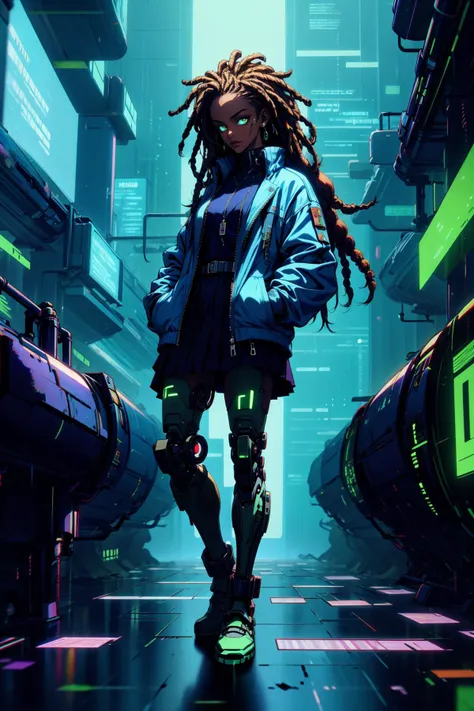 (masterpiece:1.4), (intricate:1.2), (detailed:1.2), (vibrant colors:1.2), BREAK,
(cyberpunk:1.2), (scifi:1.0), (glowing:1.1), BREAK,
(dynamic pose:1.0), (african girl:1.2), (dark skin:1.3), (dreads:1.3), (techwear:1.0), (jacket:1.1), (skirt:1.1), (hands in pockets:1.0), (mechanical legs:1.2),  (hackedtech:1.0), (data stream:1.0), <lora:HackedTech-20:1.0>