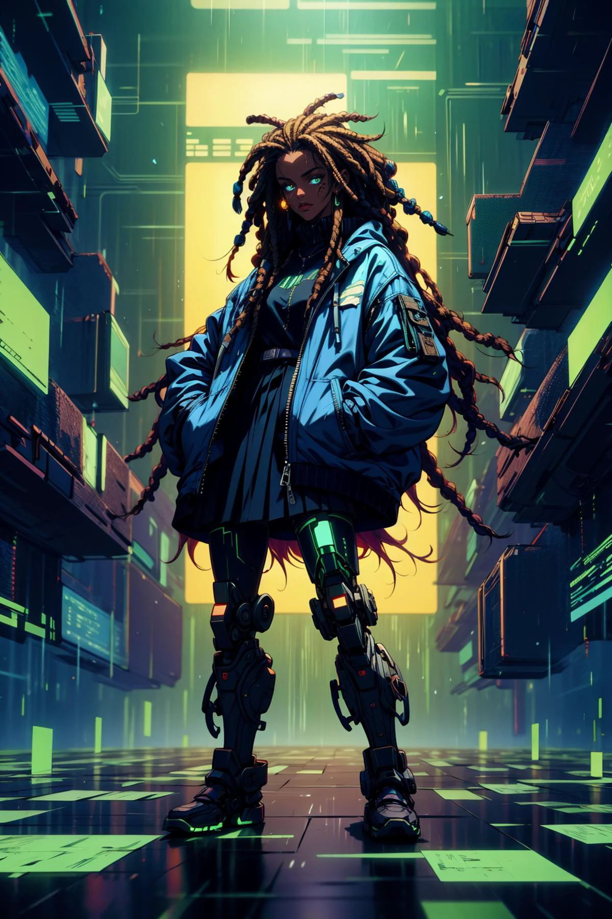 (masterpiece:1.4), (intricate:1.2), (detailed:1.2), (vibrant colors:1.2), BREAK,
(cyberpunk:1.2), (scifi:1.0), (glowing:1.1), BREAK,
(dynamic pose:1.0), (african girl:1.2), (dark skin:1.3), (dreads:1.3), (techwear:1.0), (jacket:1.1), (skirt:1.1), (hands in pockets:1.0), (mechanical legs:1.2), (hackedtech:1.0), (data stream:1.0), <lora:HackedTech-20:1.0>