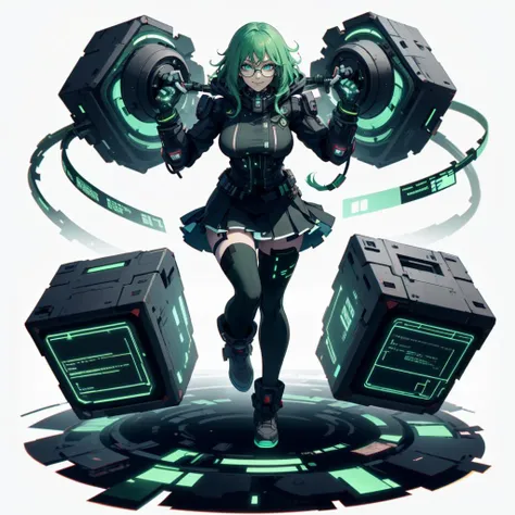 (simple background:1.2), ( white background:1.2), full body,looking at viewer,
1girl, lifting a giant cube, suit, miniskirt,(academy uniform:0.65) ,smile,
monster girl, colored skin, green hair , glowing hair, round glasses ,
<lora:HackedTech-20:0.8>, hackedtech , scifi, cyberpunk , data stream , pixelated,