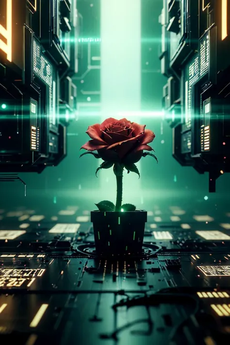 <lora:HackedTech-20:0.9>, hackedtech , scifi, cyberpunk , data stream , pixelated,
red rose,