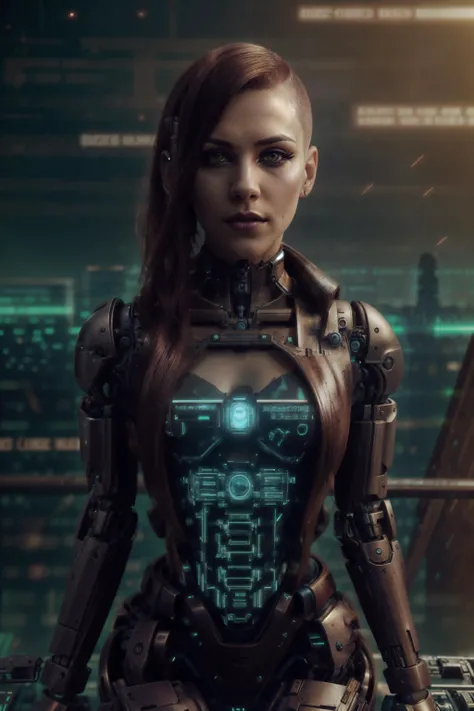 RAW photo young woman sitting, (eyeliner, dark makeup:1.4), (Mahogany straight long half buzzcut hair <lora:half_buzzcut_hairstyle:0.3>:1.45) BREAK (Red mechanical parts, robot joints, mechanical arm:1.25), choker, hip belt, looking at the viewer BREAK (cyberpunk, hackedtech), <lora:HackedTech:0.7> BREAK intricate detail, detailed facial features, high detail, sharp focus, smooth, aesthetic, extremely detailed, ((masterpiece)), <lora:epiNoiseoffset_v2:0.5> <lora:skinny_new_skin:0.2>