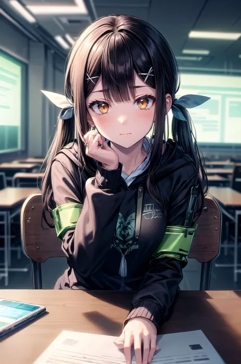 (masterpiece, best quality, detailed), 1girl, solo, looking at viewer, MiyuDef, orange eyes, brown eyes, black hair, long hair, hairclip, bangs, hair ornament, twintails, low twintails, sidelocks, small breasts, x hair ornament, feather hair ornament,
<lora:HackedTech-20:1.1>, hackedtech, data stream, green hues, black hoodie, hoodie, leather, indoors, office, desk, office chair, pov across table, elbows on table, elbow rest, closed mouth