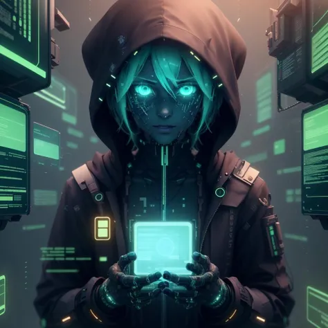 <lora:HackedTech-20:0.9>, hackedtech , scifi,  cyberpunk ,  data stream , pixelated, 
synthetic skin, colored skin, 1girl, glowing eyes, hatsune miku,