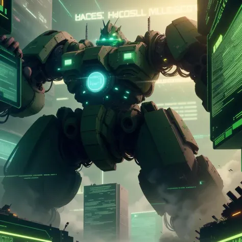 <lora:HackedTech-20:0.9>, hackedtech , scifi, cyberpunk , data stream , pixelated, green hues ,
colossal battle mech, , destruction, from below, database city