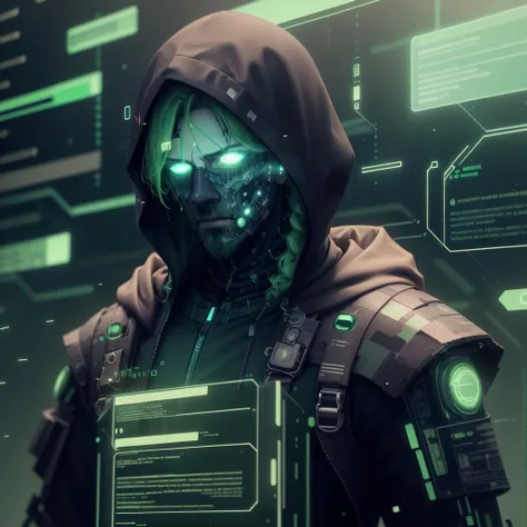 <lora:HackedTech-20:0.9>, hackedtech , scifi,  cyberpunk ,  data stream , pixelated,    green hues , 
1boy, glowing hair , long hair,