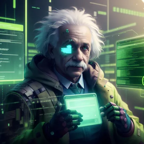 <lora:HackedTech-20:0.9>, hackedtech , scifi, cyberpunk , data stream , pixelated, green hues ,
man , Albert Einstein, <lora:Albert Einstein:0.8> , scientist coat, holding my internet search history