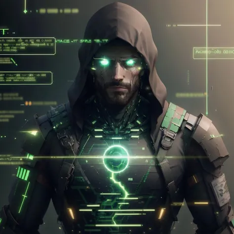 <lora:HackedTech-20:0.9>, hackedtech , scifi, cyberpunk , data stream , pixelated, green hues ,
man, <lora:Gigachadv1:0.65> gigachad, glowing hair , upper body, glowing eyes,