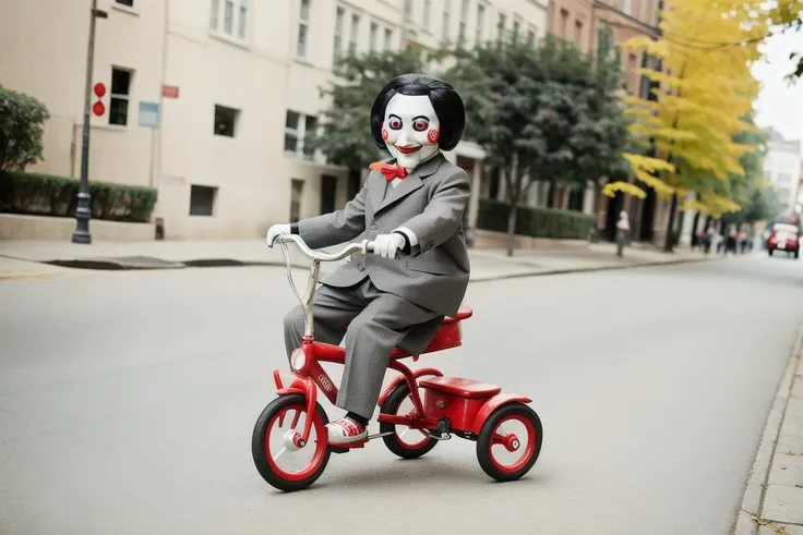 Billy, a puppet riding a red tricycle on a street with a tree in the background by paule van de velde <lora:Billy:0.7>