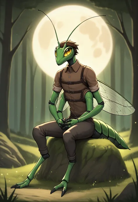 score_9, score_8_up, score_7_up,score_6_up,score_5_up, an anthro mantis warrior with short brown hair sitting near a bonfire in a forest, anthro, mantis, praying mantis, male, insect, anthro insect, arthropod, 2 toes, ((4 arms)), (4 wings), 2 antennae, antennae anatomy, arthropod abdomen, exoskeleton, yellow eyes, feet, fingers, wings, (insect wings), multi wing, multi arm, solo, green body, toes, digitigrade, clothed, warrior, topwear, brown topwear, bottomwear, grey bottomwear, <lora:add-details-xl:0.5>, (detailed background), outside, forest, sitting,  <lora:anthro_bugs_pony:0.8>, bonfire, beautiful, high quality, highly detailed, digital art, full body, 3 fingers, chitin, (brown hair, short hair), hair, fire, moon, night, fantasy, fantasy art, dark fantasy, mantis head