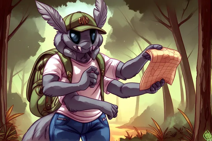 score_9, score_8_up, score_7_up,  <lora:anthro_bugs_pony:1> fre, a male moth adventurer in a forest checking a handheld map, solo, moth, adult, anthro, forest, daylight, jeans, shirt, hat, backpack, standing, holding map, mandibles, four arms, thinking, gray fur, short, front view