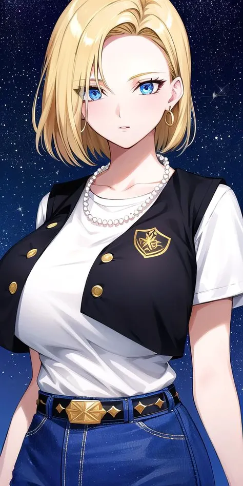 <lora:Lazuli18gouV1:0.7> lazuli18gou, huge_breasts, standing, solo, Black_vest_White_shirt_short_sleeves_Jeans_high-waist_pants_Belt_Pearl_necklace, starry_sky,, masterpiece, best_quality, detailed_face, detailed_eyes, highres, beautiful, detailed, absurdres,