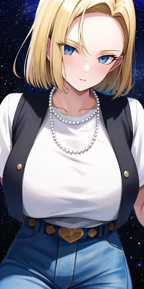 <lora:Lazuli18gouV1:0.7> lazuli18gou, huge_breasts, standing, solo, Black_vest_White_shirt_short_sleeves_Jeans_high-waist_pants_Belt_Pearl_necklace, starry_sky,, masterpiece, best_quality, detailed_face, detailed_eyes, highres, beautiful, detailed, absurdres,